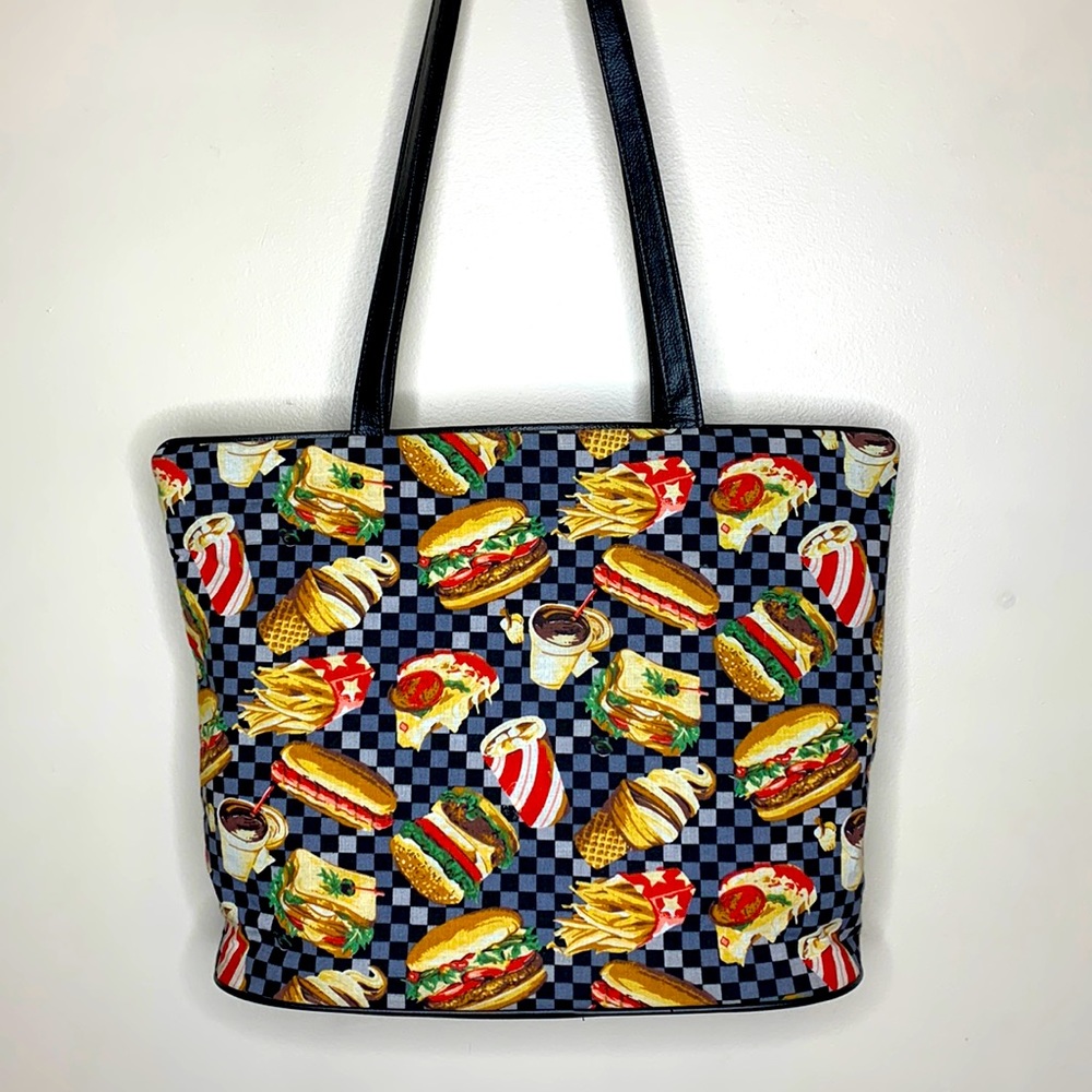 Fast Food Diner Tote | Large Canvas Food Design Bag | Leather Detail Food Lover